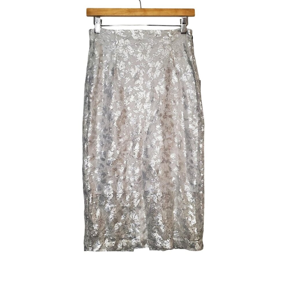 Eva Mendes New York & Company Silver Sequin Lace Midi Skirt XS